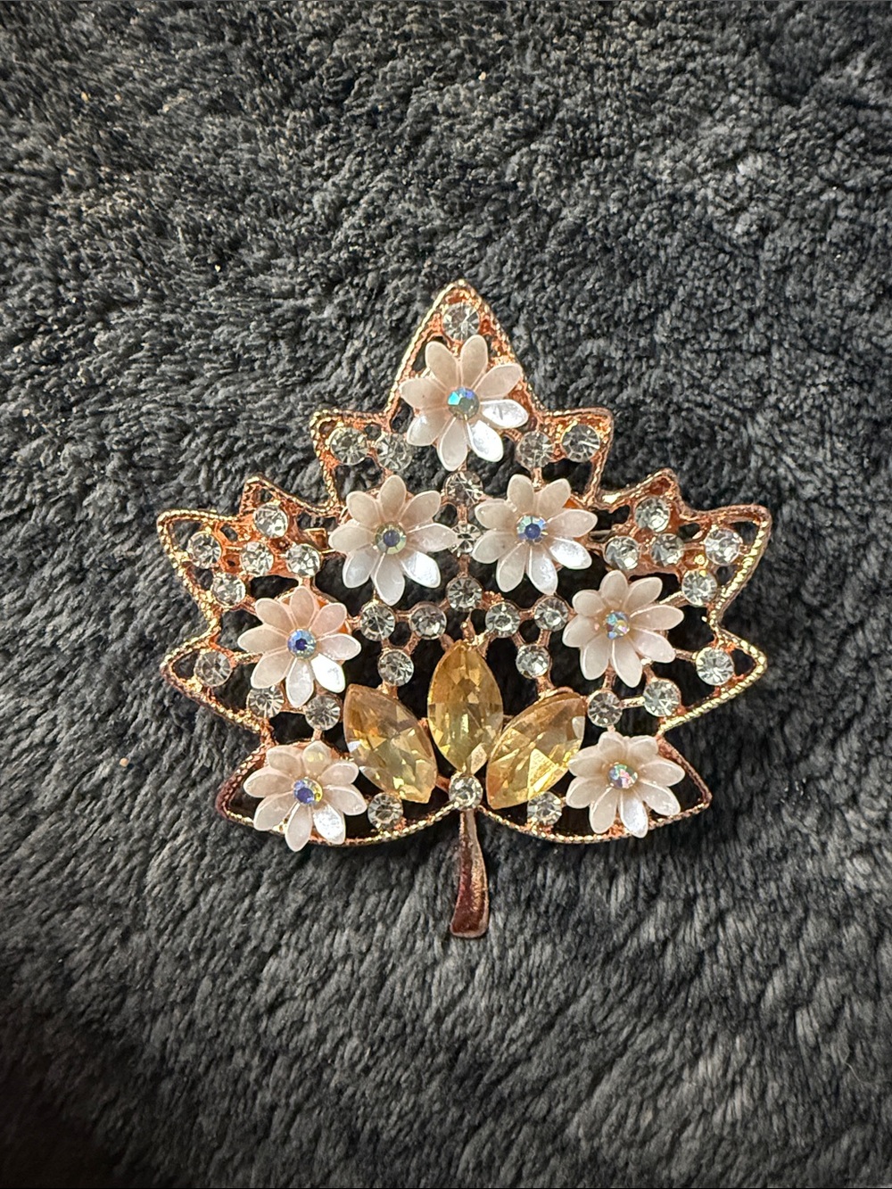 Rose Gold-Tone Floral Crystal Leaf Brooch - White & Amber